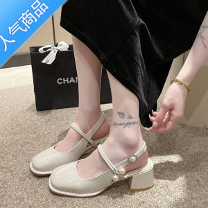 SUNTEK2023春夏季玛丽珍鞋子女中跟一字带包头凉鞋女粗跟单鞋方头高跟鞋