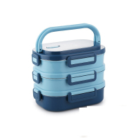 不锈钢保温饭盒四面扣3层撞色蓝