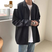 YANXU条纹衬衫男长袖大码港风日系宽松胖子衬衣休闲寸衫外套ins潮