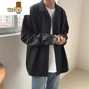 YANXU条纹衬衫男长袖大码港风日系宽松胖子衬衣休闲寸衫外套ins潮