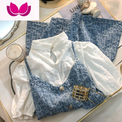 七斓法式高级提花吊带牛仔连衣裙女小个子时尚气质套装2023装