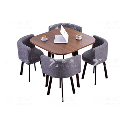 臻远 ZY4100953 简约接待桌椅洽谈桌椅 一桌四椅 胡桃方桌灰色布椅