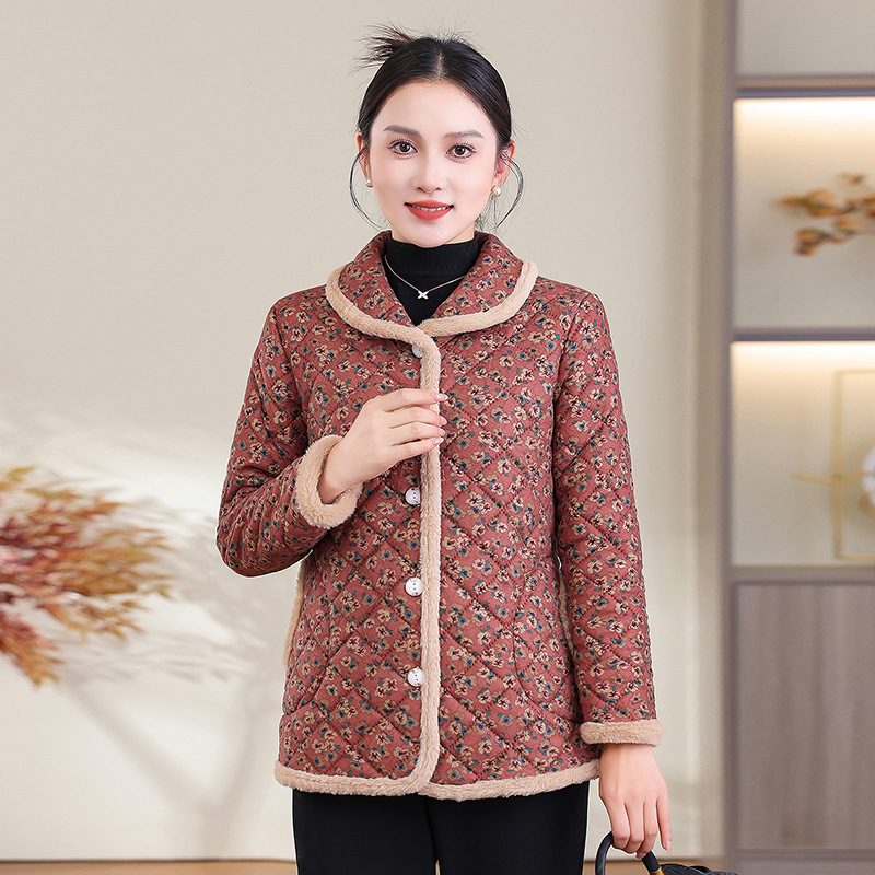 新款妈妈装冬装棉袄外套60岁时尚翻领中老年人碎花加绒棉服冬装女
