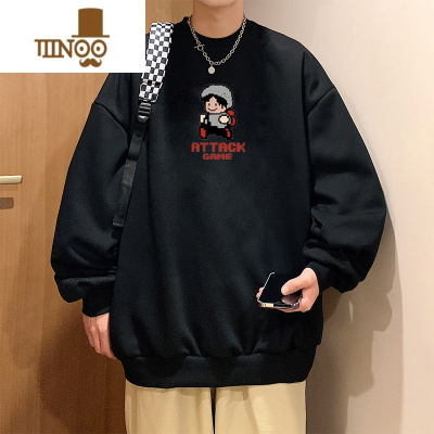 YANXU美式圆领卫衣男士潮牌卡通印花宽松长袖内搭春装上衣服H