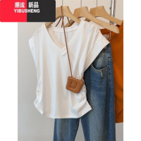 YIBUSHENG大码女装胖mm装新款2024方领不规则短袖T恤时尚正肩设计感上衣