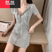 YIBUSHENG连衣裙女2024年新款短袖修身显瘦中长裙连帽开衫古着裙vintage