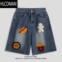 HLCOMANBMOB设计感毛巾绣牛仔短裤男女夏季美式潮牌宽松高街阔腿五分中裤