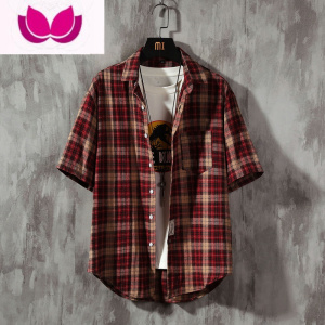 七斓2023夏季新款港风格子短袖衬衫男士韩版宽松青年休闲衬衣撞色帅气