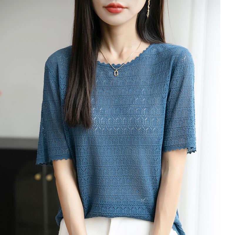 年夏季新款亲肤花边圆领针织衫短袖T恤女镂空套头打底衫上衣