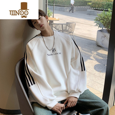 YANXU圆领卫衣男士2023秋季新款潮牌撞色拼接织带学生oversize慵懒上衣