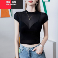 YIBUSHENG立领辣妹风短款网纱T恤女短袖2024季新款内搭性感女装包袖上衣
