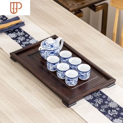 竹子竹制小茶盘家用小型可带排水简易简约小号迷你小茶台一两人用国泰家和胡桃色中号平板+青花瓷滤茶具