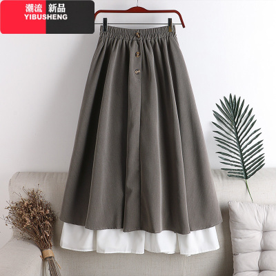 YIBUSHENG初春新款高腰显瘦松紧腰大摆纽扣撞色拼接款中长款半身裙女裙子2