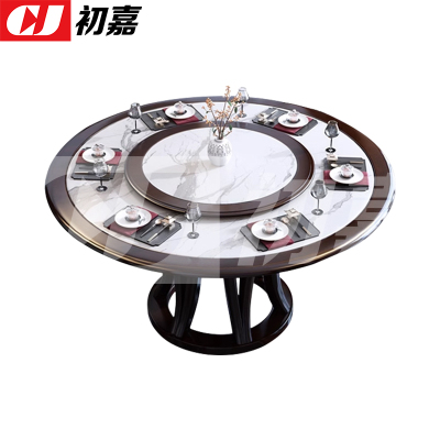 初嘉(CJ)岩板餐桌实木圆形餐桌椅组合1.6米圆桌10把餐椅