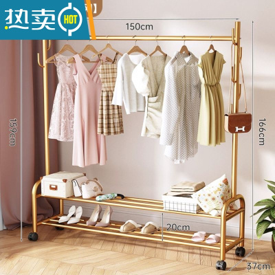 敬平网红家用卧室内挂衣架落地小型衣帽架柜简易杆式置物晾衣服的架子 双层150cm轻奢金 加粗25管径晾晒架