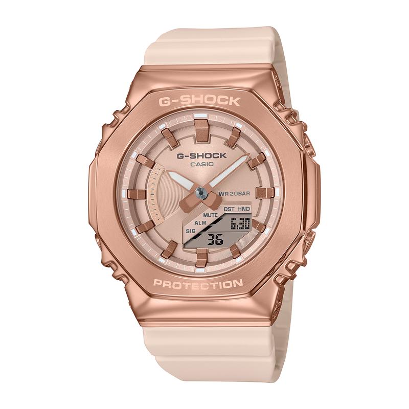 卡西欧(CASIO)闪耀金属光泽小码紧凑型男款粉色金离子电镀石英手表