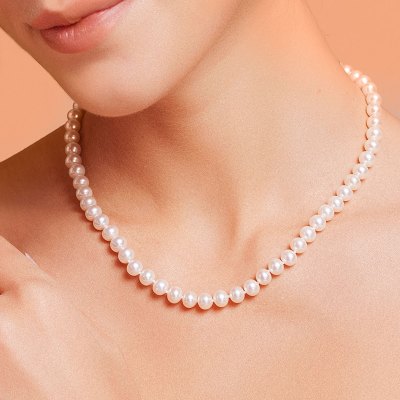 S925银7-8mm淡水珍珠项链强光近圆珍珠送长辈送朋友女友礼物生日母亲节礼物