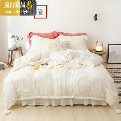 ins网红公主风针织棉水晶绒白色床上四件套保暖珊瑚绒法兰绒被套 三维工匠