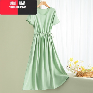 YIBUSHENG2024新款时尚棉绸季连衣裙系带纯色短袖小个子人造棉中长大摆裙