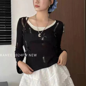 假两件破洞撞色针织衫春秋季新款女装修身蝴蝶结辣妹长袖上衣外穿