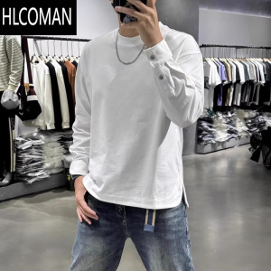 HLCOMAN高端纯色卫衣男下摆开衩设计感纽扣华棉长袖小领口亲肤透气打底衫