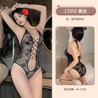 九里晴川性感纯欲蕾丝挂脖连体衣诱惑露乳缕空透视紧身女情趣内衣 九里晴川LT013[蕾丝挂脖连体衣-黑] 均码