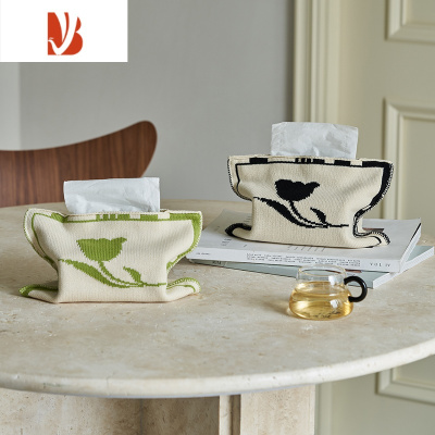 三维工匠莫语 复古郁金香针织纸巾袋客厅纸巾包收纳北欧餐巾纸餐桌纸巾盒 黑色+绿色两个一组