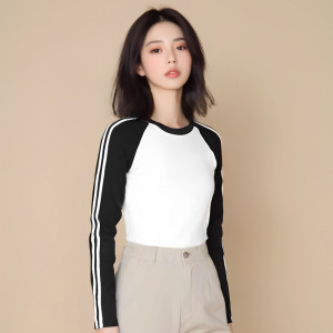 撞色复古插肩袖T恤女短上衣莫代尔春秋装美式辣妹长袖打底衫内搭