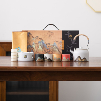 苏氏陶瓷(SUSHI CERAMICS)手绘釉画彩千里江山四色杯温茶套装雅白文创伴手礼套组