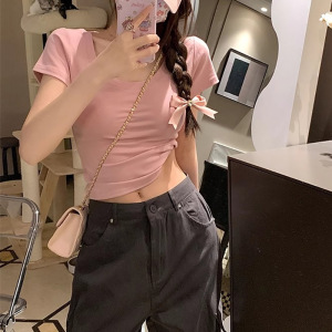 正肩u领露锁骨短袖纯色T恤女夏新款修身短款内搭设计感上衣INS潮