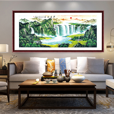 祺匠屋国画山水画客厅装饰字画办公室挂画老板桌沙发背景墙装饰画鸿运当头中式书房靠山带框壁画源远流长B208*86cm