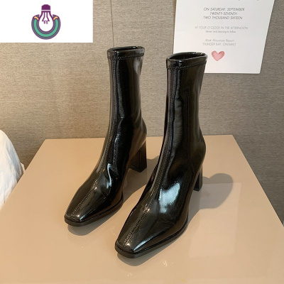 FISHBASKET靴子2020新款女中筒靴粗跟高跟英伦风白色马丁靴弹力瘦瘦单靴靴子