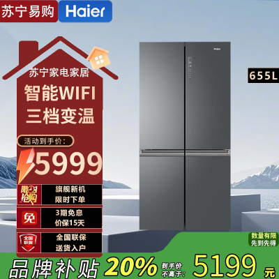 海尔(Haier)BCD-655WGHTD9DG9U1 655升家用冰箱十字四开门对开双门一级能效变频无霜