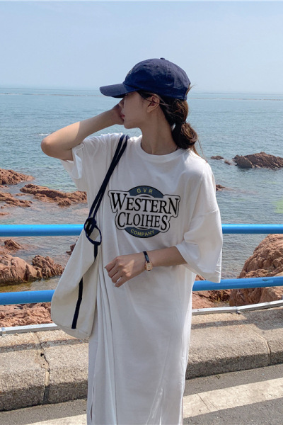 6535棉夏季新款韩版宽松字母印花学生开叉短袖中长款连衣裙女INS