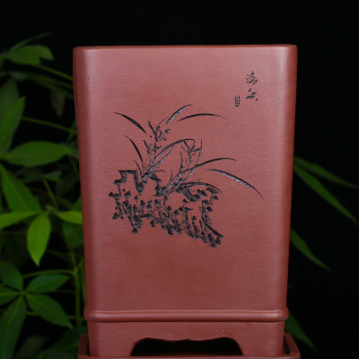 回固兰花盆宜兴紫砂精品高签筒花盆君子兰花盆盆景盆四方绿植花盆红色陶刻款小