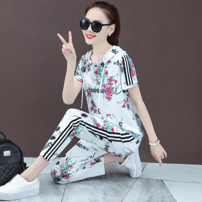 卡恋洛连帽短袖长裤运动服套装女夏季2020休闲时尚夏天女装两件套潮