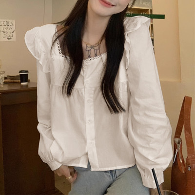 [1折价42.9元叠加优惠券]唐狮春夏季衬衫女韩系温柔淑女方领木耳边长袖衬衣ins