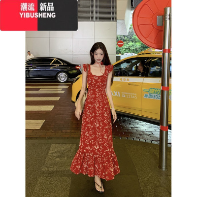 YIBUSHENG茶歇法式碎花小飞袖连衣裙女季复古气质方领收腰显瘦红色长裙子