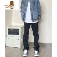 YANXU美式高街vibe风复古牛仔裤男款黑色拉链宽松直筒潮牌阔腿工装裤子