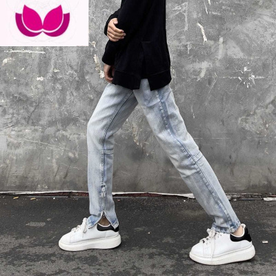 七斓男士牛仔裤复古高街水洗泛白休闲直筒裤潮流百搭拉链设计开叉长裤