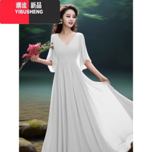 YIBUSHENG季新款双层大摆雪纺连衣裙V领红色长裙多巴胺气质遮肉拍照裙子