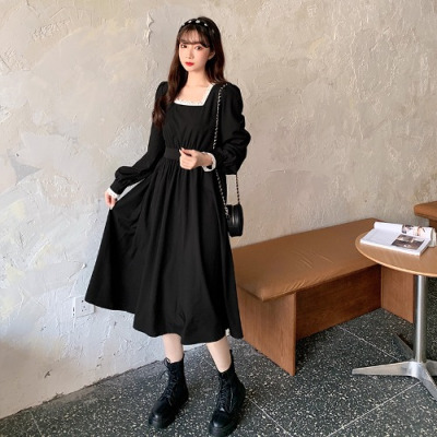 恋名媛大码女装春新款法式复古中长款黑色裙子收腰胖mm遮肚子显瘦连衣裙大码女装