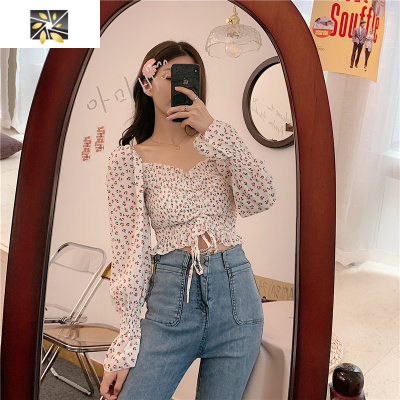 暖青汇大码胖mm短款上衣女方领碎花性感2020新款春秋长袖洋气雪纺衬衫潮蕾丝衫