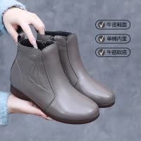 新款秋冬季真皮短靴粗跟圆头女棉鞋加绒中跟软底妈妈款马丁靴