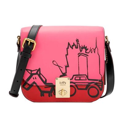 COACH蔻驰奢侈品女士经典标志帆布抽象马车图案HUTTON卡其色拼色单肩斜挎链条包