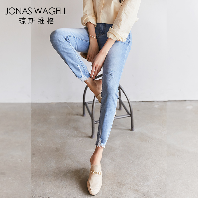 琼斯维格牛仔裤女紧身小脚2018春装新款韩版显瘦铅笔裤破洞学生百搭学院风