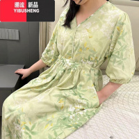 YIBUSHENG棉绸连衣裙女日收腰薄款甜美碎花V领大摆人造棉度假沙滩长裙子