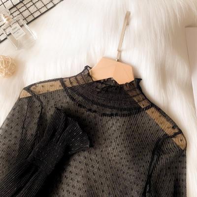 暖青汇半高领内搭透明网纱打底衫女甜美长袖韩版宽松学生喇叭袖蕾丝上衣蕾丝衫