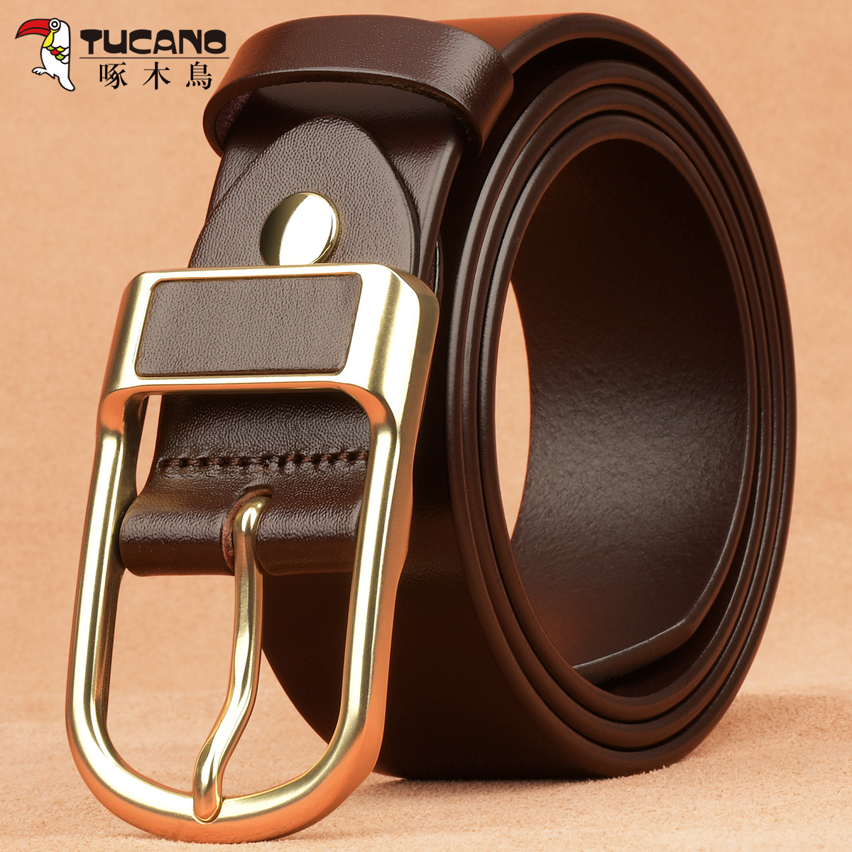 啄木鸟牛皮男士皮带针扣休闲腰带真皮裤带皮带男真皮个性正品高档