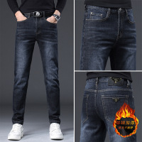 轻奢欧货新款蓝色牛仔裤男秋冬加绒休闲弹力潮牌修身小脚裤子